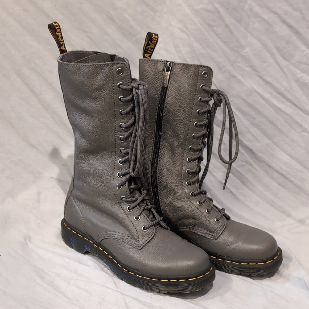 Dr. Martens Gray Combat Boots with Chunky Soles 1B99 Virginia Leather Mid Calf B